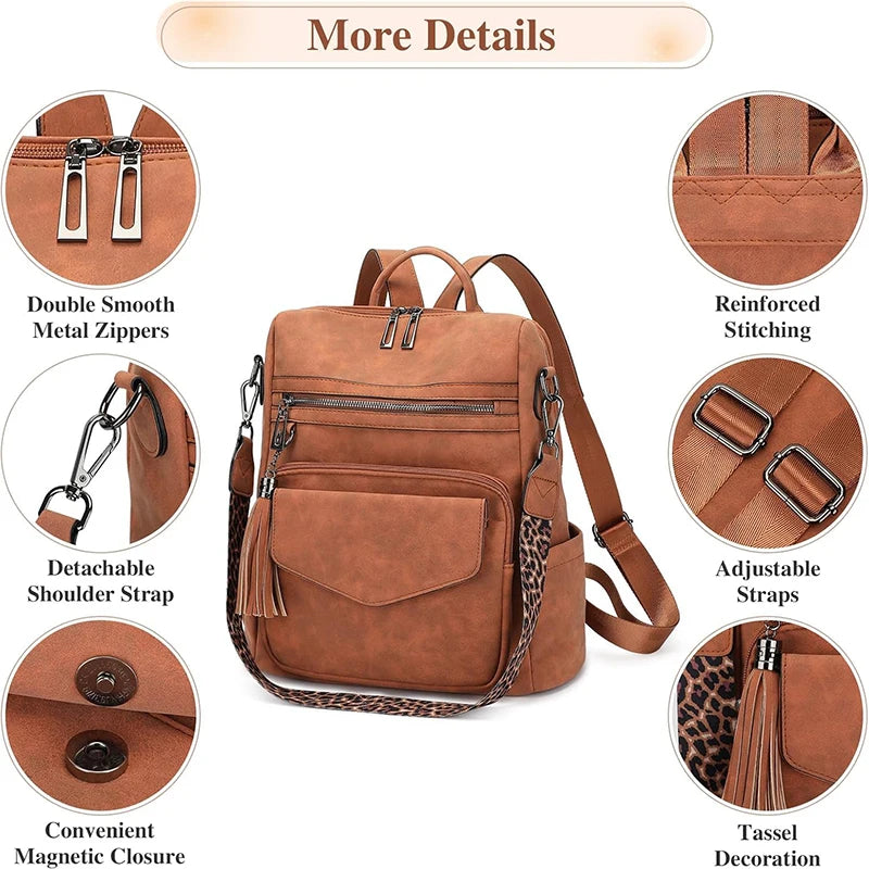 Women's Leather Convertible Backpack Purse – Multi-Pocket Shoulder and Travel Bag