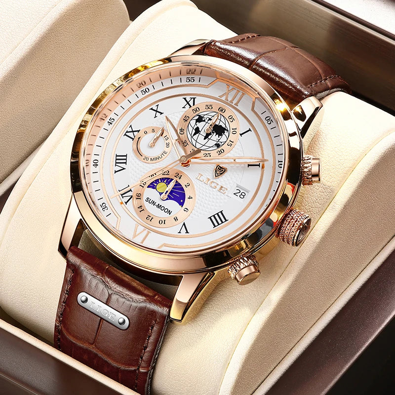 New Mens Watches LIGE Top Brand Leather Chronograph Waterproof Sport Automatic Date Quartz Watch For Men Relogio Masculino