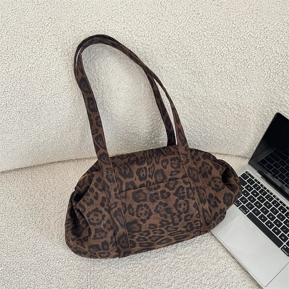 Women Suede Leopard Print Tote Bag Lazy Style Large Capacity Mommy Bag Versatile Daily Outdoor Shoulder Handbag