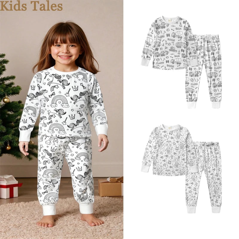 Fashion Graffiti Kids Pajamas Sets Boy Girl Cotton Child Pajamas Long Sleeve Nightwear Pyjamas Baby Loungewear Clothing
