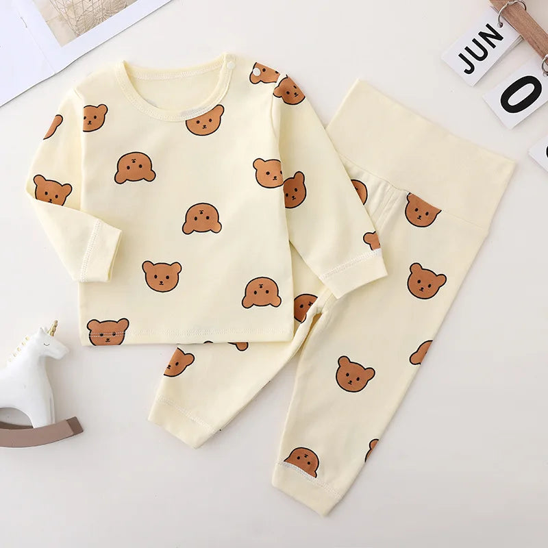 Spring & Autumn Baby Underwear Set Cute Bear Print Toddler Clothing Cotton High Waist Belly Protection Baby Long Sleeve Pajamas