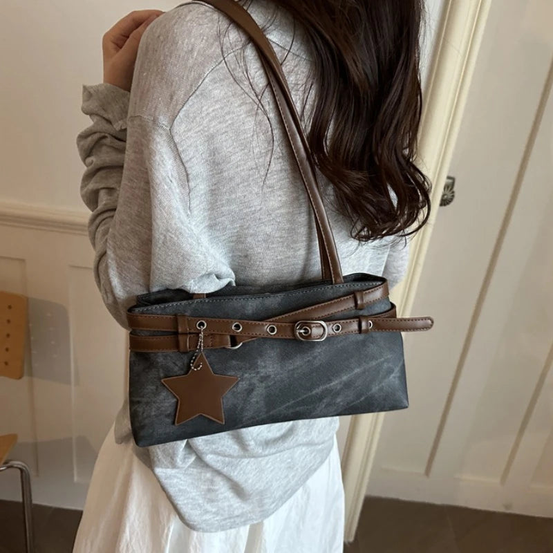 Fashion Suede Shoulder Bag for Women, Cute Five Pointed Star Pendant, Retro Y2K Tote Bag for Daily Commuter ,Simple Underarm Bag
