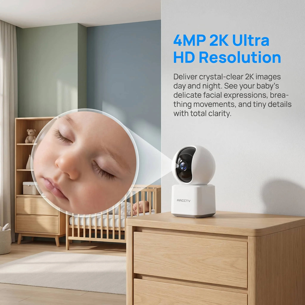 ARCCTV 2K Baby Monitor WiFi Surveillance Camera HD Two Way Talk IR Night Vision Security PT Camera 360° View Automatic Tracking