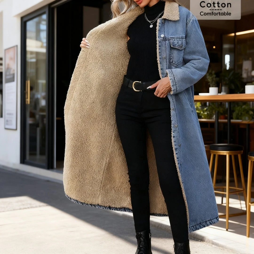 Women Faux Fur Mid Length Coats Jackets Turn Down Collar Coat Thick Denim Y2k Streetwear Jacket Elegant Outerwear Autumn Winter