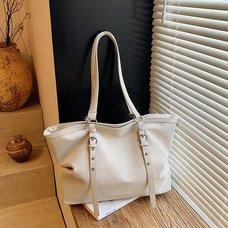 Korean Large Capacity Tote Bag Women Suede Shoulder Crossbody Bag Belt Buckle Design Minimalist Solid Color Zipper Underarm Bag