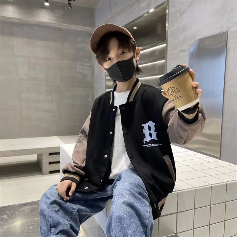 Autumn Spring Baseball Jackets Boys Girls Trends Letters Loose Casual Tops Kids Single Breasted Coats Teenager Fashion Clothing