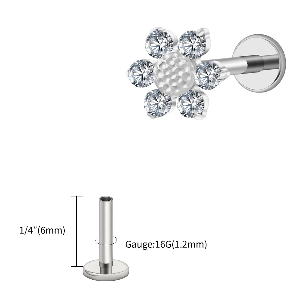 16G Titanium Sunflower Labret Stud – Mini CZ Flower Cartilage Piercing