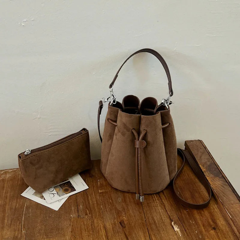 Faux Suede Flower Petal Bucket Bag for Women New Autumn Vintage Maillard Party Handbags Commuter Shoulder Crossbody Bags