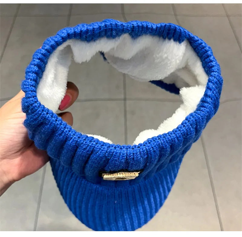 Unisex Knitted Visor Beanie Hat – Striped Winter Cap with Plush Lining