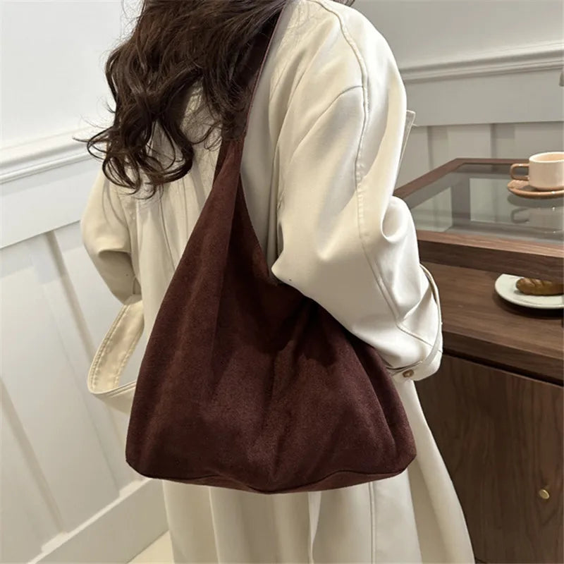 Faux Suede Women's Bag, Fashion Simple Large Capacity Korean Version Trendy Casual Shoulder Armpit Bag Pure Color Retro Tote Bag