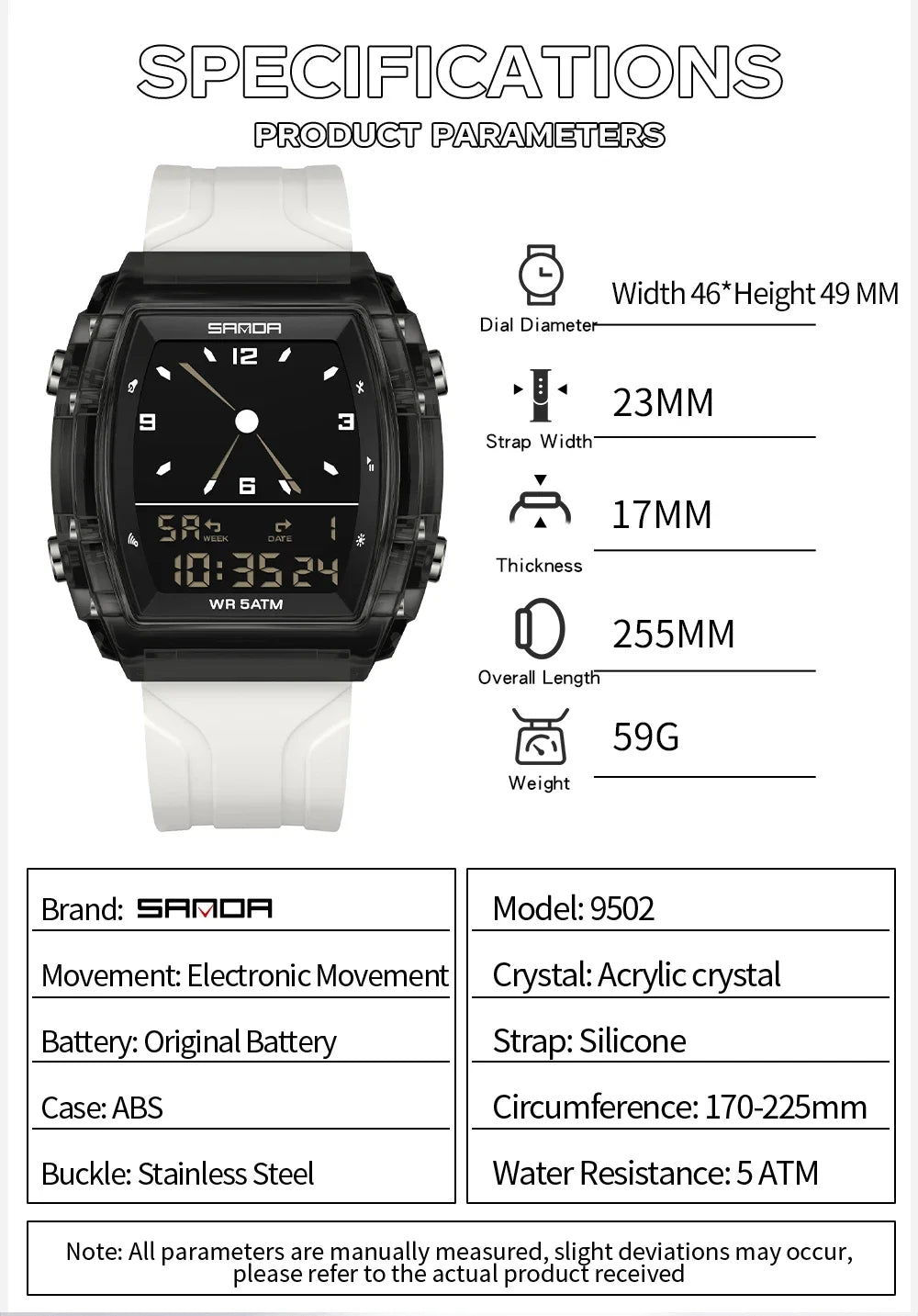 SANDA Fashion Electron Analog Watch for Men Women Square Dial Count Down Timer Waterproof Watch LED Luminous Digital 9502