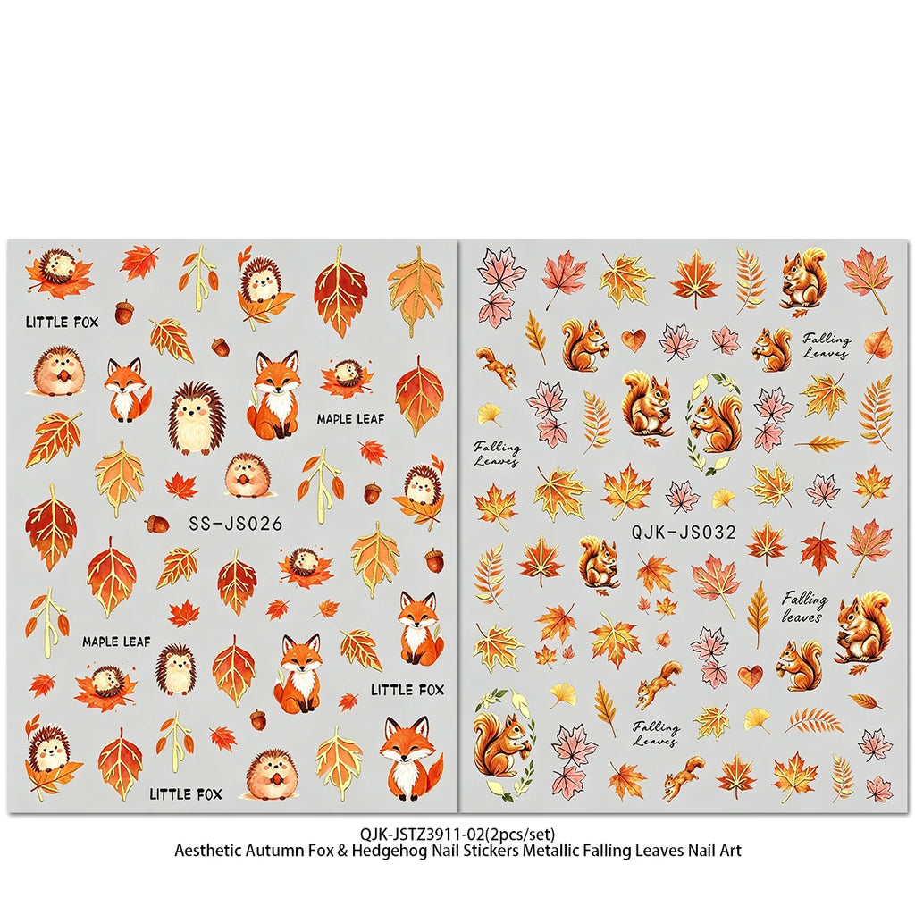 Metallic Autumn Nail Art Decals, Cute Fox Squirrel Hedgehog Maple Leaf Patterns, Retro Orange Gold Fall Theme