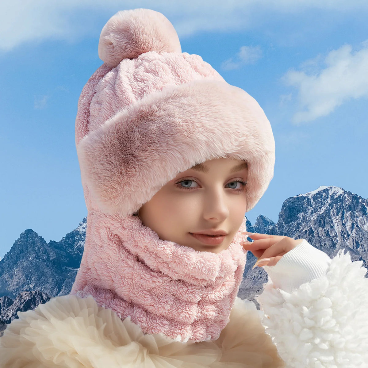 Women's Winter Plush Hat with Integrated Scarf and Mask Warm Fleece Lined Thermal Hooded Balaclava Outdoor Activities