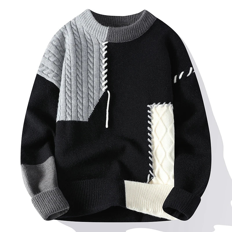 Men's Patchwork Knit Sweater – Warm Crew Neck Pullover, Korean Streetwear Style