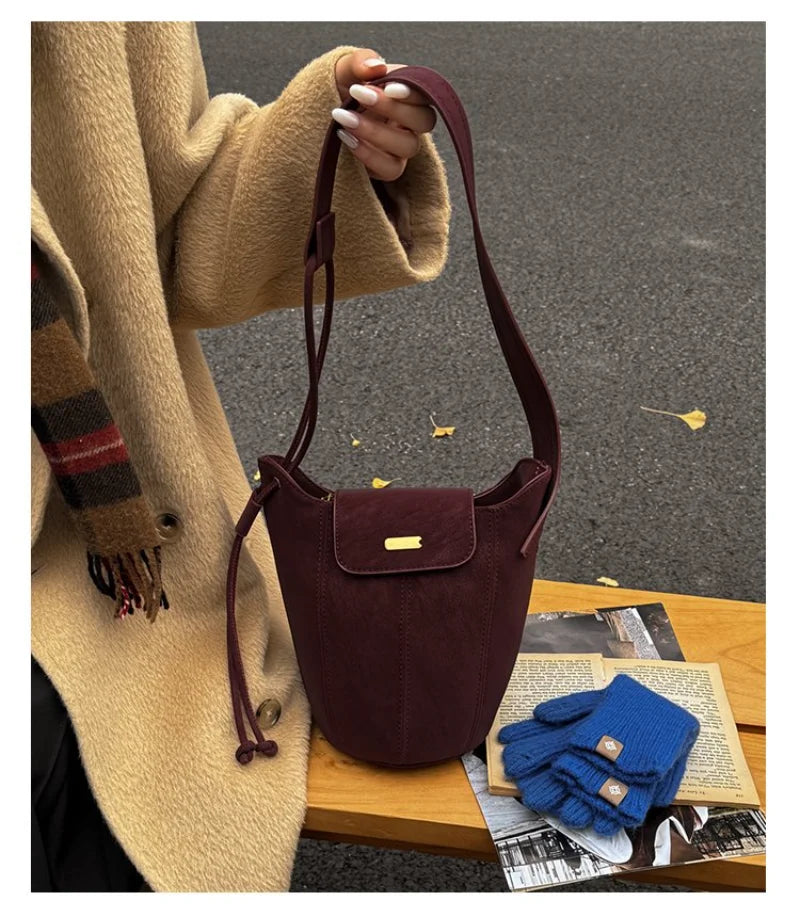 Women's Casual Style Suede & Leather Bucket Shoulder Bag, Ideal for Daily Use, School Commute, Weekend Outings & Shopping