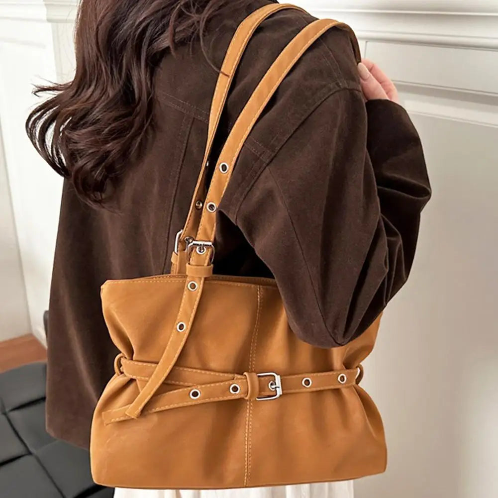 Women's Retro Suede Tote Bag – Large-Capacity Shoulder Handbag with Buckle Closure
