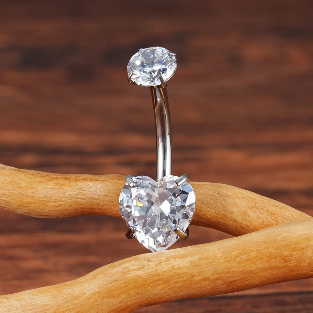 14G Titanium Heart CZ Belly Button Ring – Curved Barbell Navel Piercing