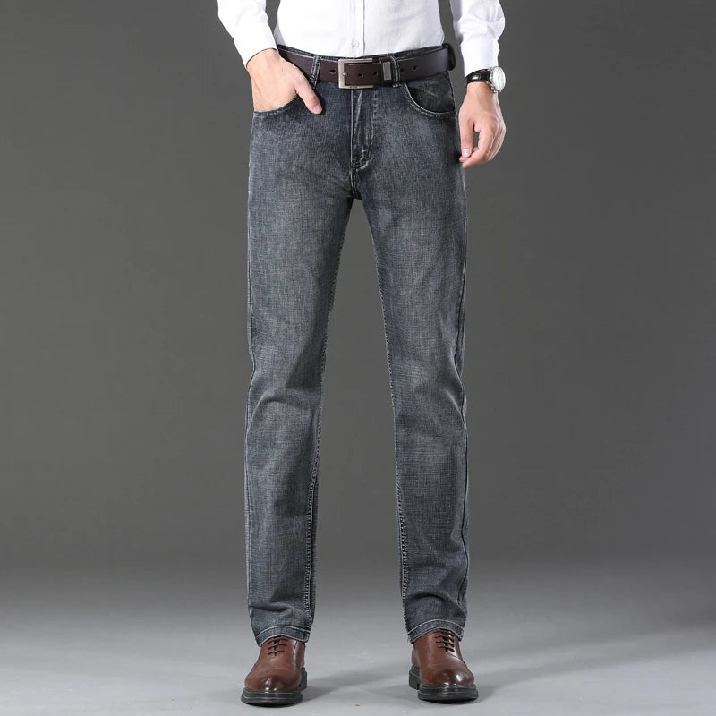 Men's Retro Grey Stretch Jeans – Slim Straight-Leg Denim Trousers