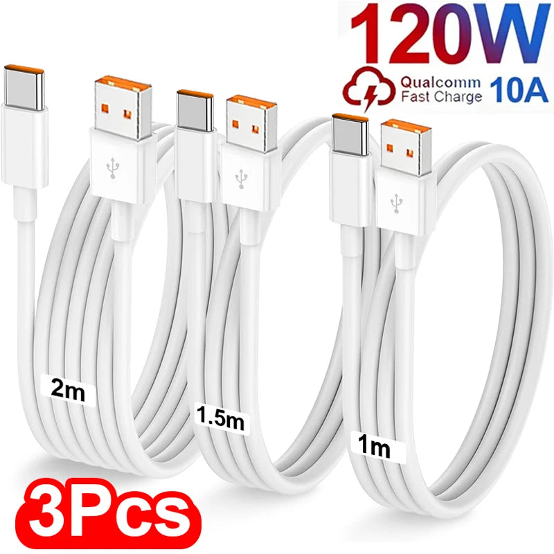 3/1PCS Quick Charging Cable 120W 10A USB A To Type C Fast Charger High-speed Data Transfer Wire Cords for Samsung Xiaomi Huawei