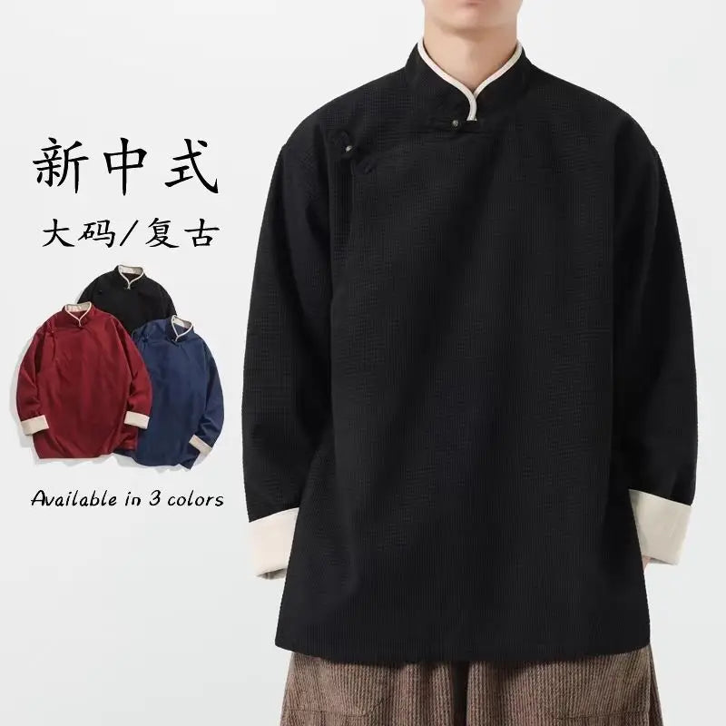 Men's Chinese Tang Style Jacket – Long Sleeve Slanted-Collar Traditional Casual Top