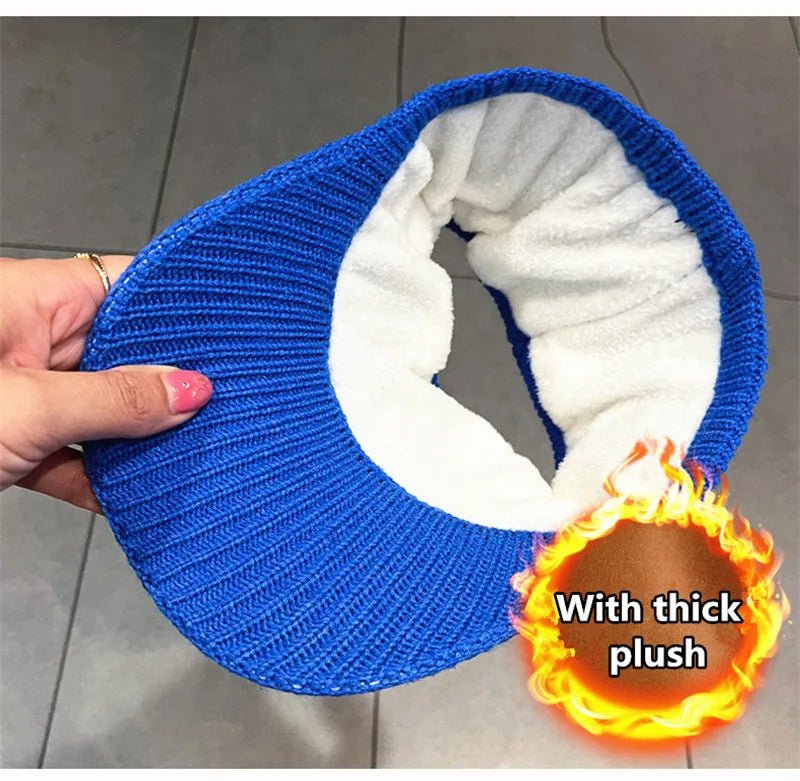 Unisex Knitted Visor Beanie Hat – Striped Winter Cap with Plush Lining