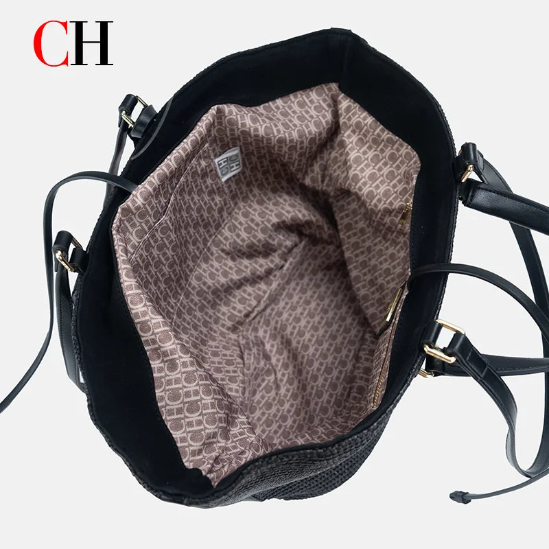 CH Women Straw Tote Bag Large Capacity Woven Raffia Handbag with Tassel Leather Handles Summer Beach Vacation Shoulder Bag