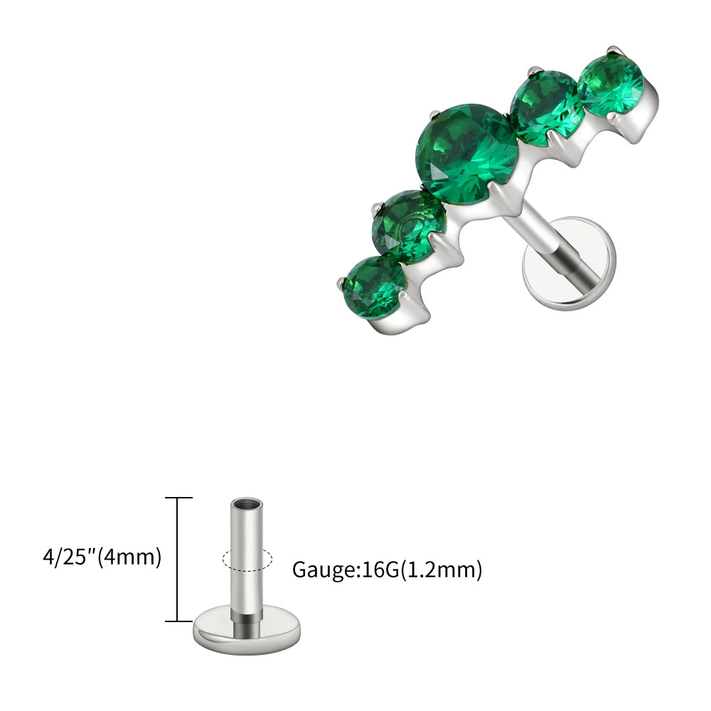 16G Titanium CZ Cluster Labret Stud – Curved Bar Flat Back Cartilage Earring