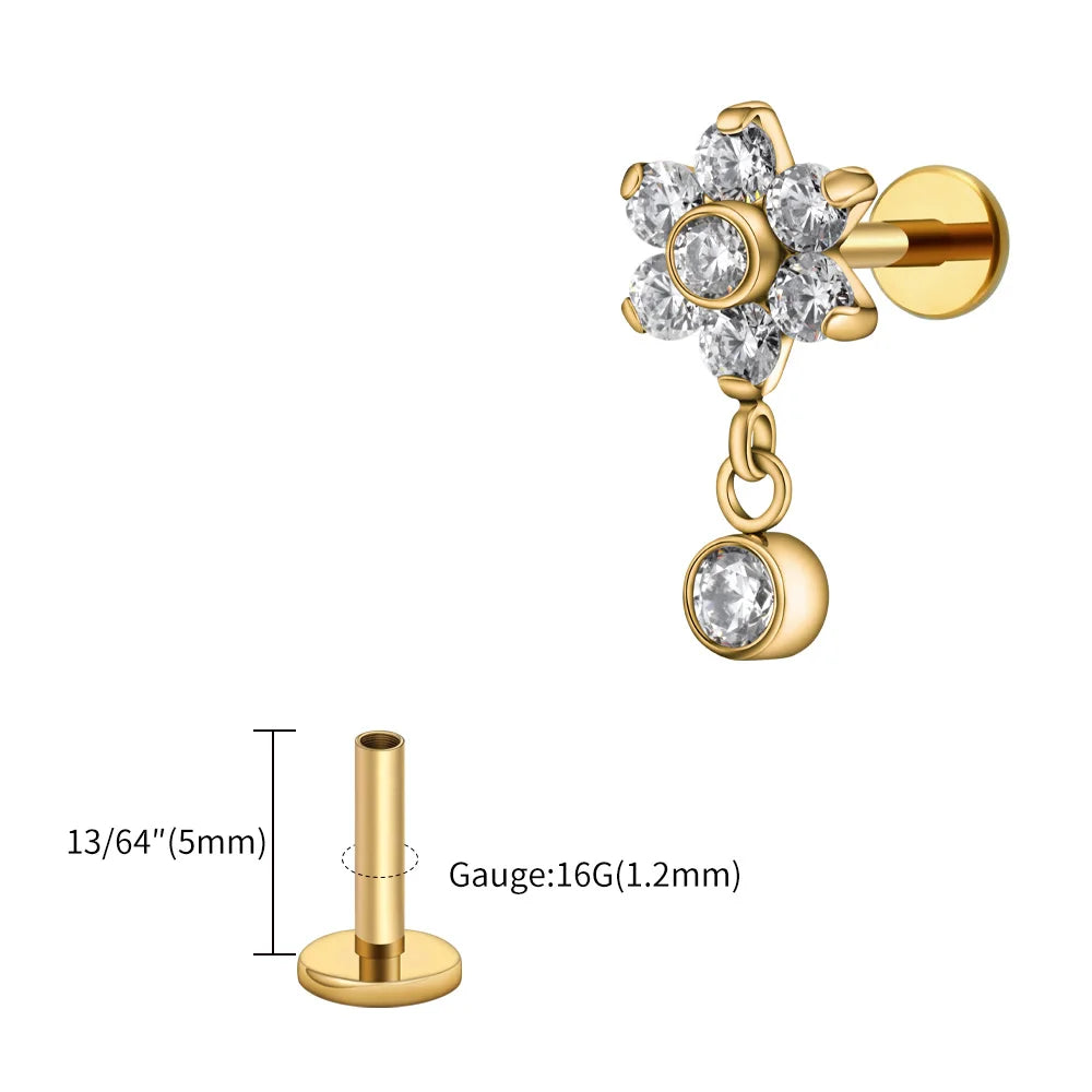 16G Titanium Flower CZ Drop Labret – Dangle Flat Back Piercing Earring