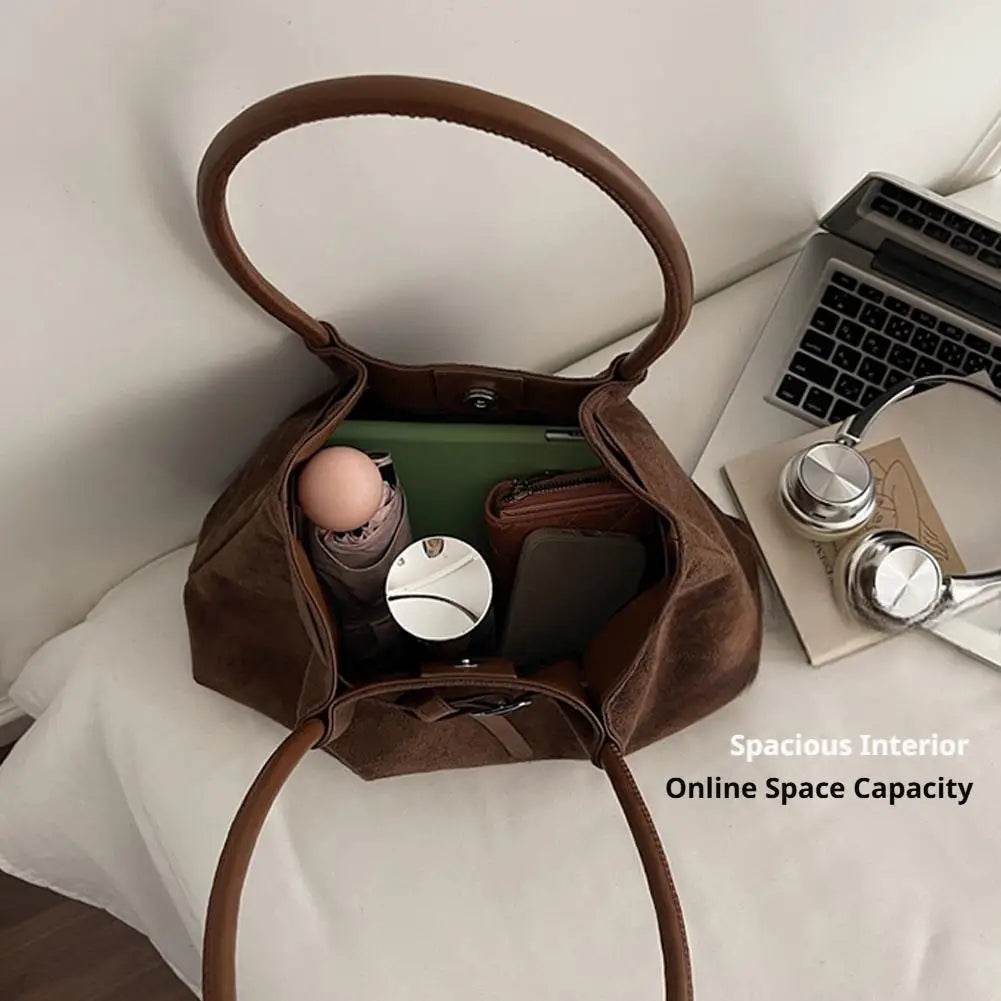 Women's Vintage Suede Tote Bag – Large-Capacity Slouchy Shoulder Handbag with Buckle Strap
