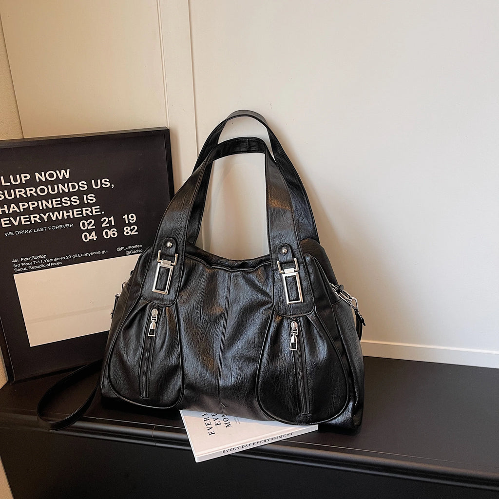 Solid PU Leather Handbags Large Capacity Vintage Shoulder Bags Women Designer French Style Casual Totes Fashion Female Packages
