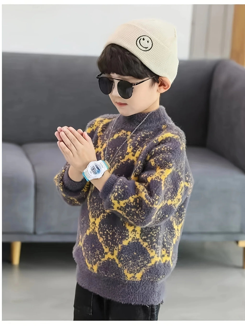 Children's Clothing for Boys, Faux Mink Velvet Autumn and Winter New Style Pullover, Stylish Fleece Sweater for Older Children, Base Layer Shirt