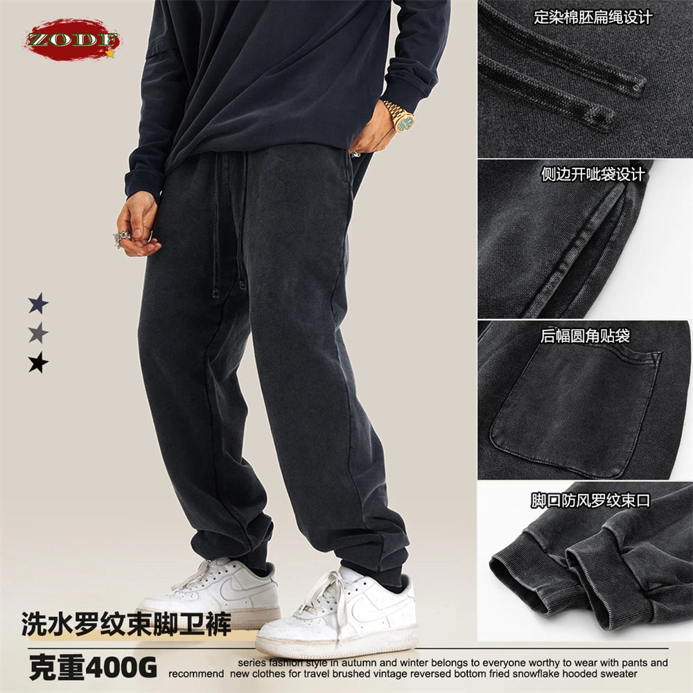 ZODF Unisex 400 GSM Heavyweight Jogger Pants – Washed Cotton Loose-Fit Streetwear Sweatpants