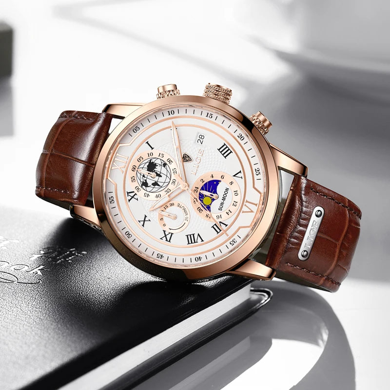 New Mens Watches LIGE Top Brand Leather Chronograph Waterproof Sport Automatic Date Quartz Watch For Men Relogio Masculino