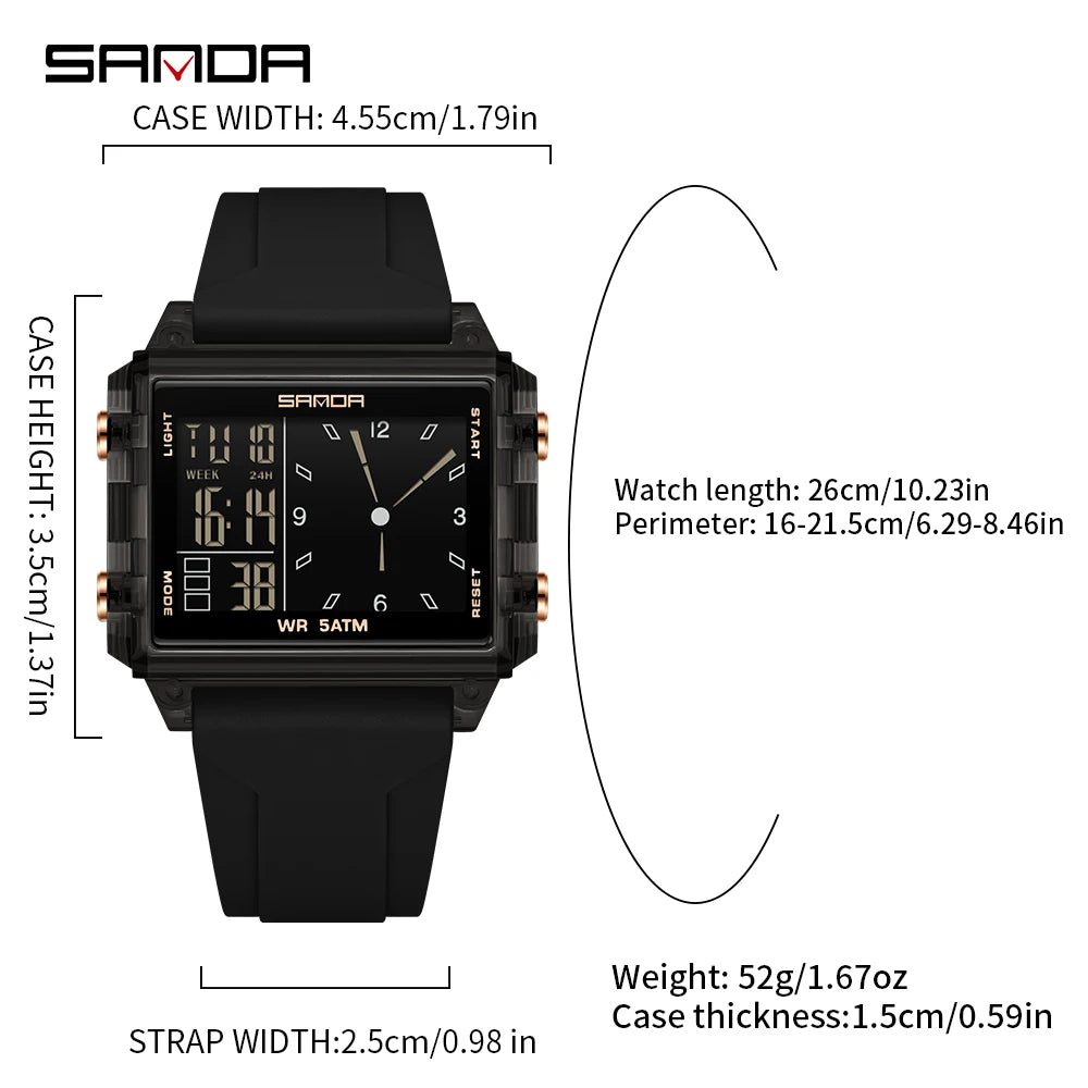 SANDA Fashion Electron Analog Watch for Men Women Waterproof Square Dial Count Down Timer Digital Wristwatch Man World Time