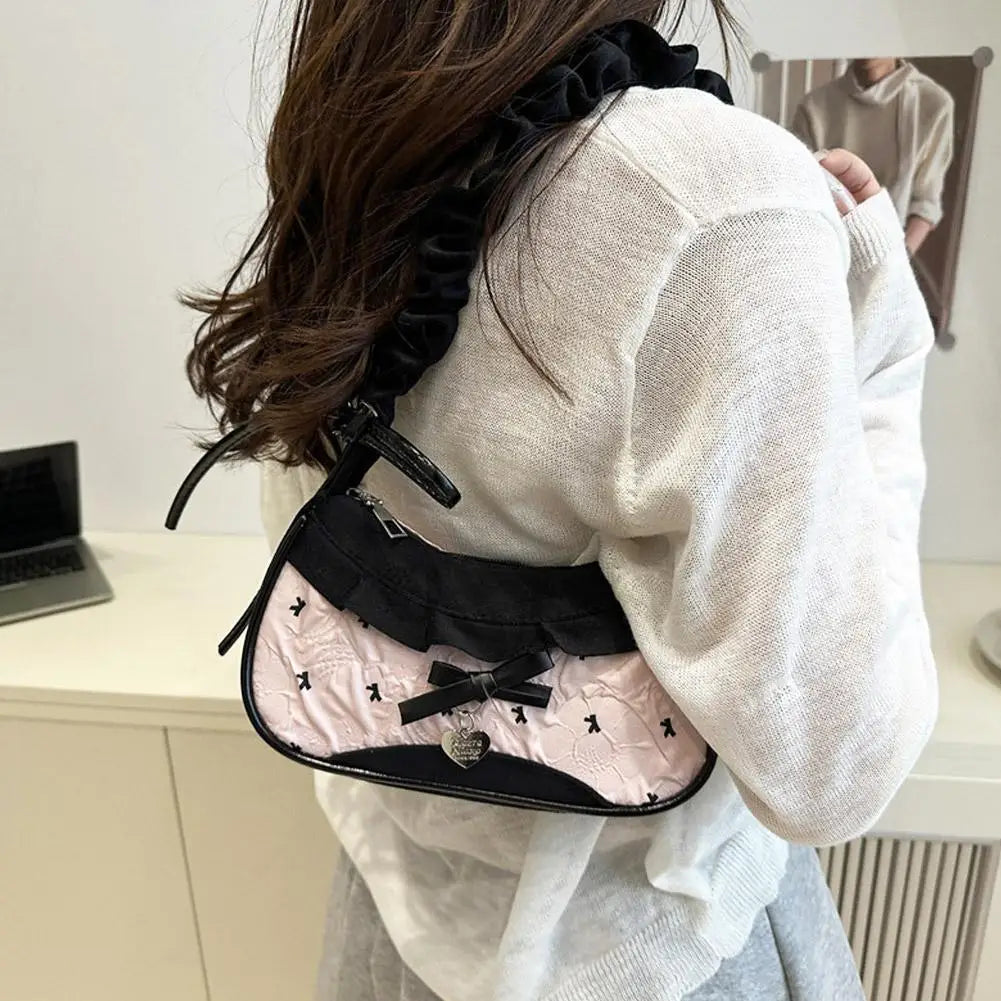 Women's Grid Shoulder Bag – Stretchable Strap Handbag with Lace Ribbon Detail