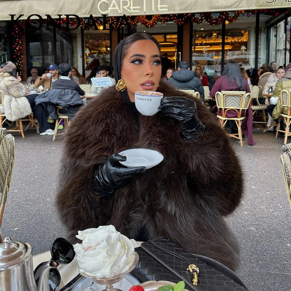 KONDALA  Spring Summer Casual Faux Fur Brown Women Warm Jackets Valentine‘s Day Turn Down Collar Oversized Elegant Coats