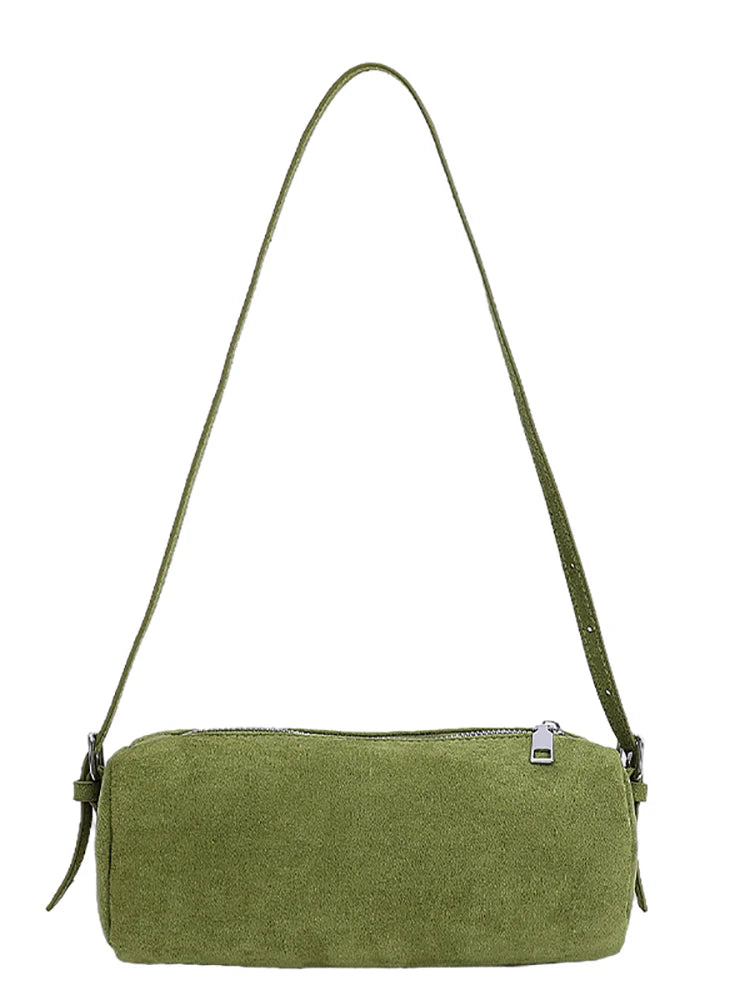 Solid Color Suede Frosted Cylindrical Bag Fashion Large Capacity Women Shoulder Bags Trendy Commuting Shopping Crossbody Pack