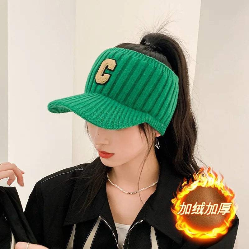 Unisex Knitted Visor Beanie Hat – Striped Winter Cap with Plush Lining