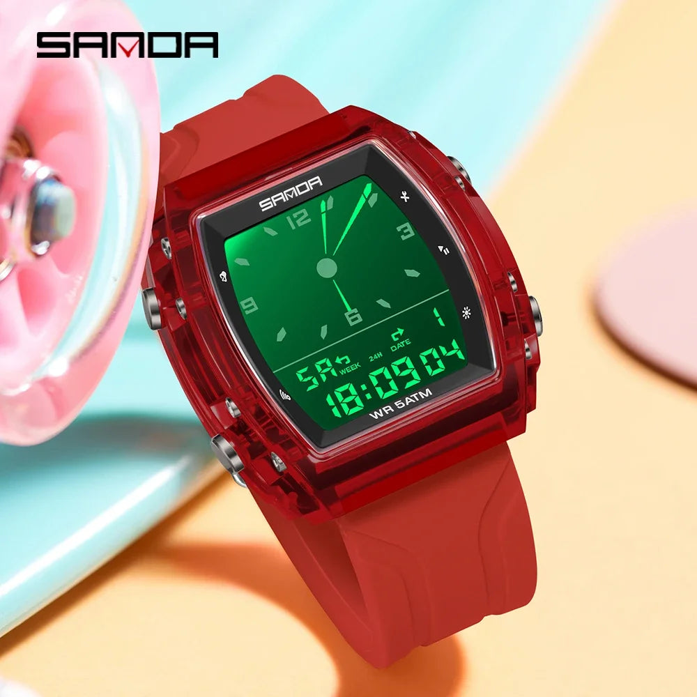 SANDA Fashion Electron Analog Watch for Men Women Square Dial Count Down Timer Waterproof Watch LED Luminous Digital 9502