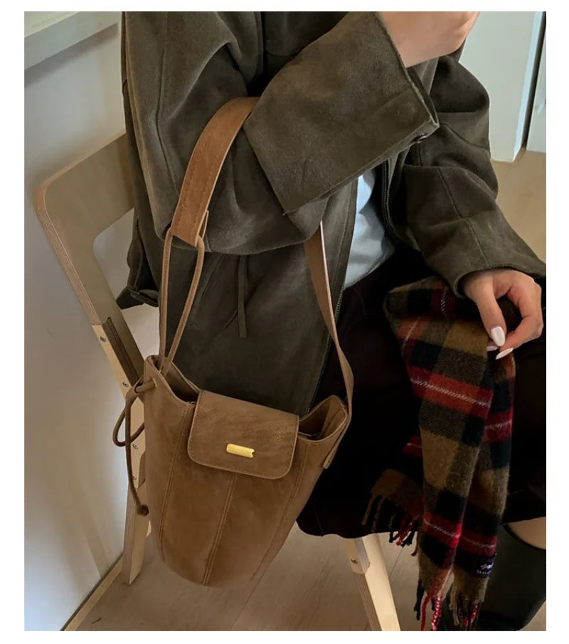 Women's Casual Style Suede & Leather Bucket Shoulder Bag, Ideal for Daily Use, School Commute, Weekend Outings & Shopping