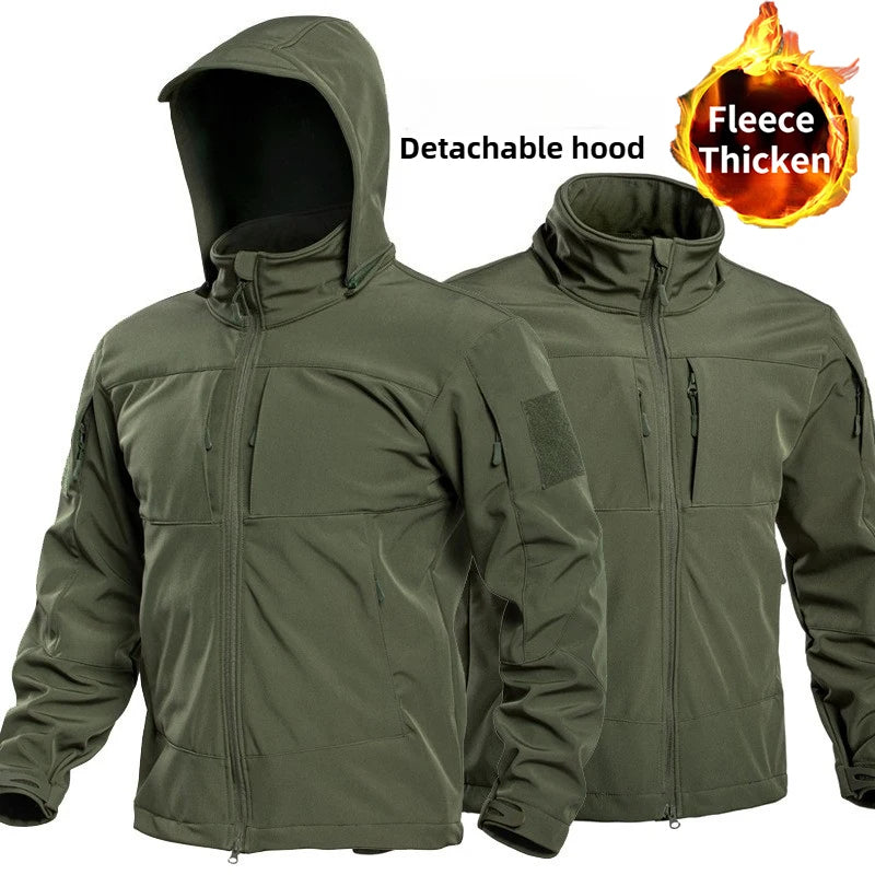 Men's Tactical Softshell Jacket – Fleece-Lined Winter Coat with Detachable Hood