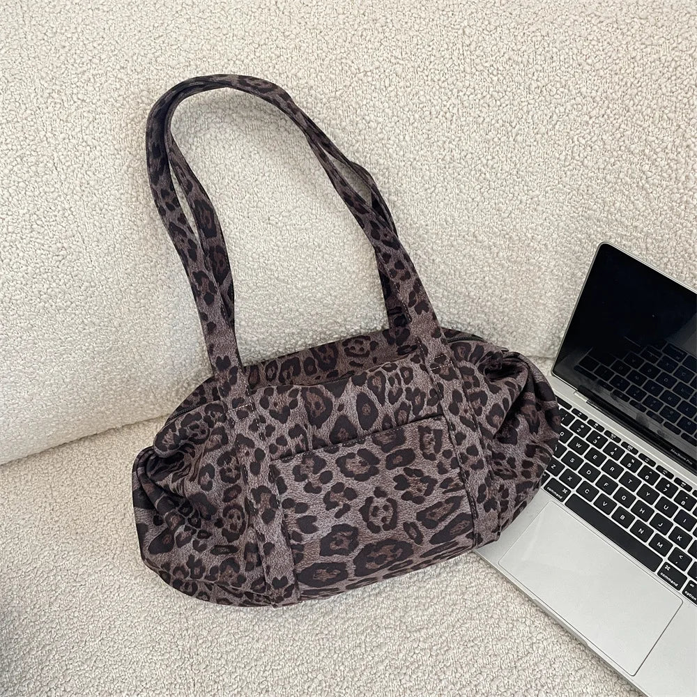 Women Suede Leopard Print Tote Bag Lazy Style Large Capacity Mommy Bag Versatile Daily Outdoor Shoulder Handbag
