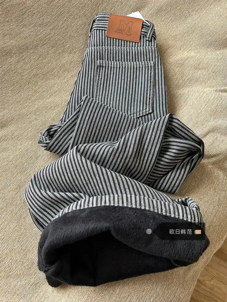 Winter Women's Korean Designer Striped Velvet Denim Pants Y2K 2000s Warm Vintage Baggy Jean Japanese Harajuku Jeans New In