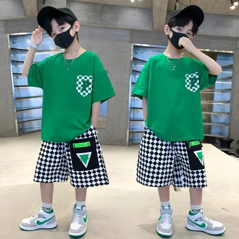 Fashion Boys Clothing Set Summer Teenage Short Sleeve Clothes Suit Letter T-shirt Plaid Shorts 2Pcs Children Loungewear Outfits