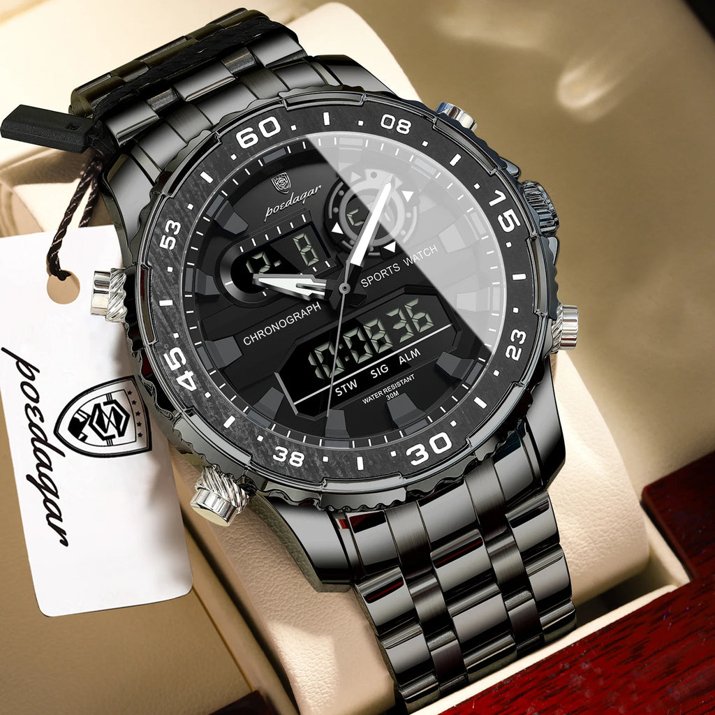 POEDAGAR Top Electronic Man Clock Week Date LED Luminous Fashion Quartz Men Watch Dual Time Digital Military Men's Watches Reloj