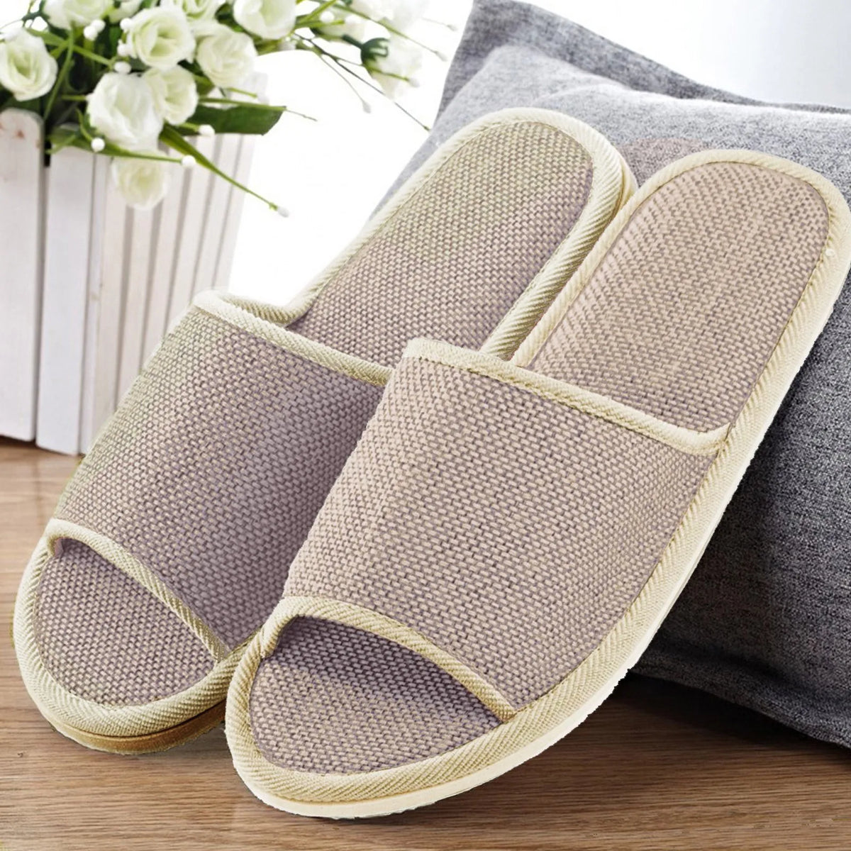 1-5pcs Home Slippers Women'S And Men'S Shoes Couples Plain Home Linen Slippers Indoor Flat Shoes Sandals Guest Slippers