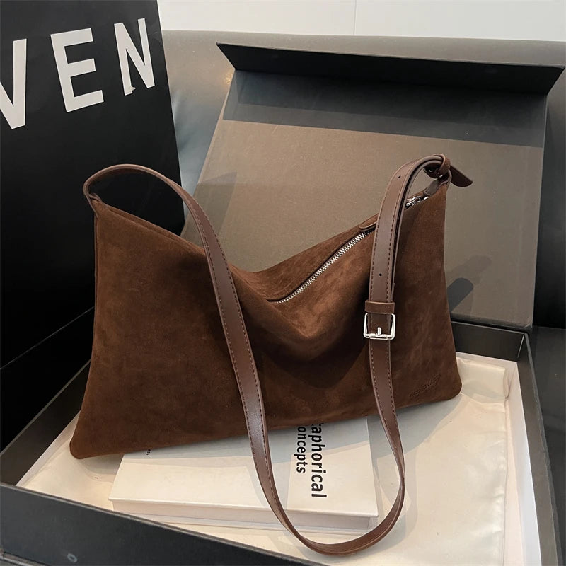Women's Vintage Suede Tote Bag – Large-Capacity Shoulder and Crossbody Bag for Autumn and Winter