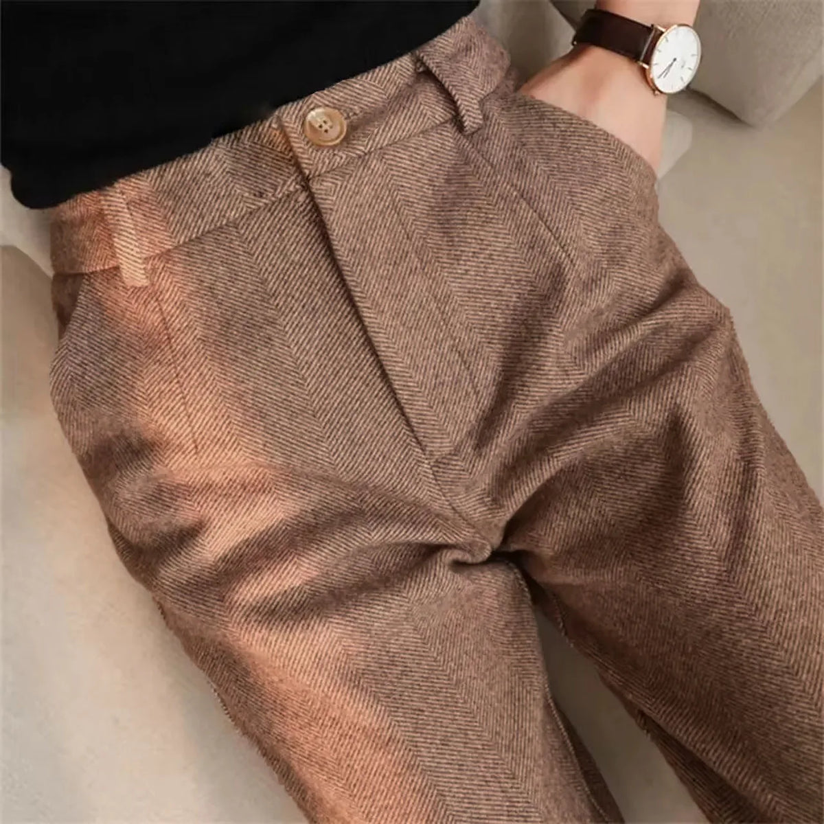Men's High-Waisted Wool Trousers – Tapered Harem-Style Casual Office Pants