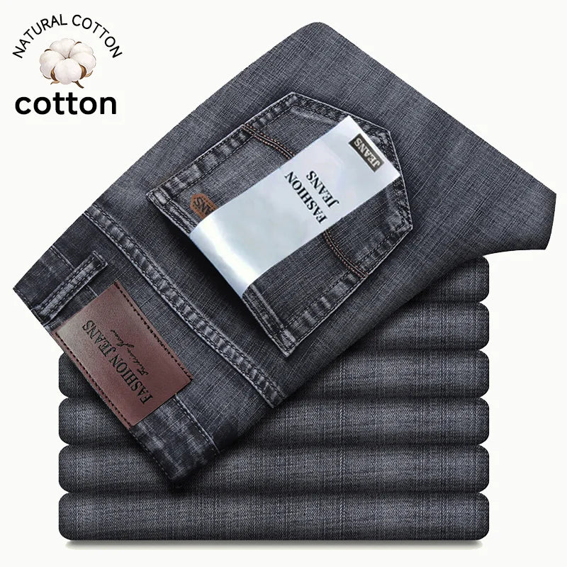 Men's Retro Grey Stretch Jeans – Slim Straight-Leg Denim Trousers