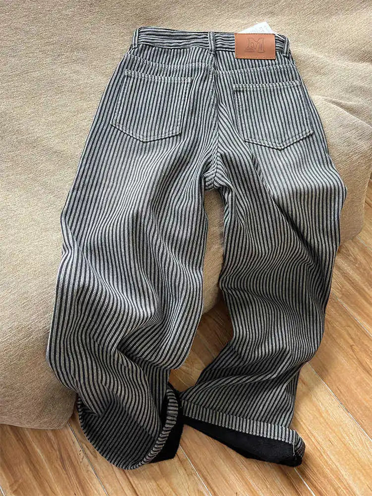 Winter Women's Korean Designer Striped Velvet Denim Pants Y2K 2000s Warm Vintage Baggy Jean Japanese Harajuku Jeans New In